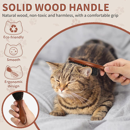 Natural Boar Bristle Cat Brush, Soft Pet Grooming Brush with Wooden Handle for Reduce Shedding, Pet Hair Brush for Dogs & Cats