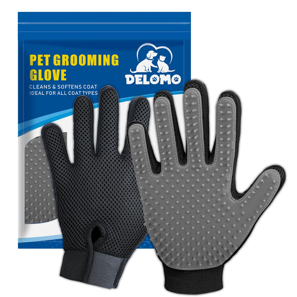 Pet Hair Removal Glove with 255 Silicone Tips for Dogs & Cats, 1 Pair Gray
