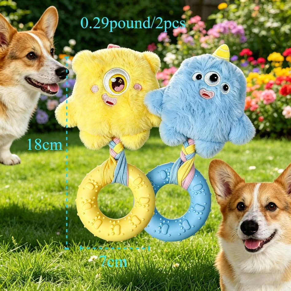 Halloween Toys, Plush Monster Dog Chew Toy with Teething Ring - Interactive Squeaky Toy for Puppies & Small Dogs