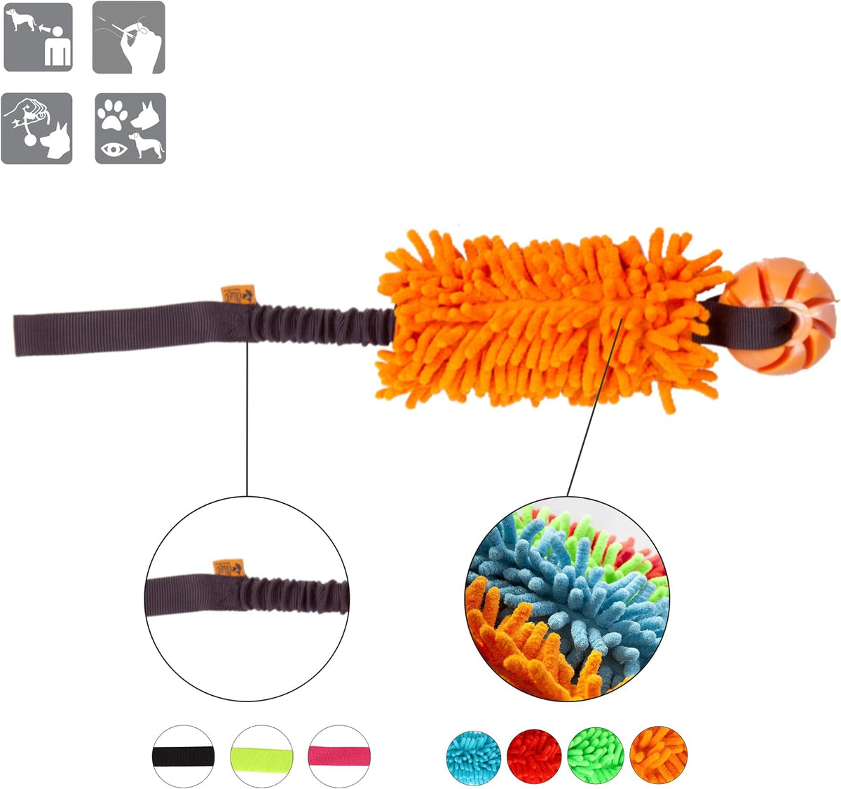 Dingo Dog tug Toy and TPR Rubber Ball Bungee Handle Microfiber Orange 20 in