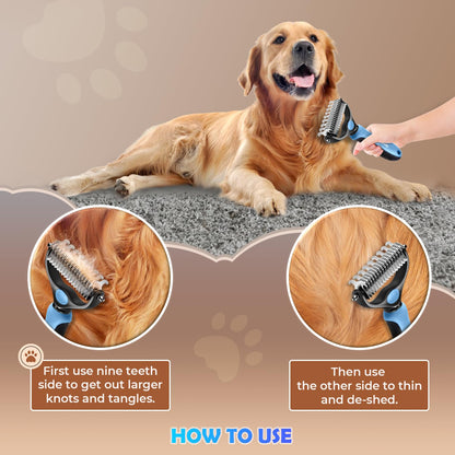 Undercoat Rake for Dogs & Cats, Dematting Comb with Extra Wide Double-Sided Stainless Steel Teeth for Detangling, Deshedding, Brushing, Thinning & Removing Shed Fur, Knots, Mats, and Tangles in Pets