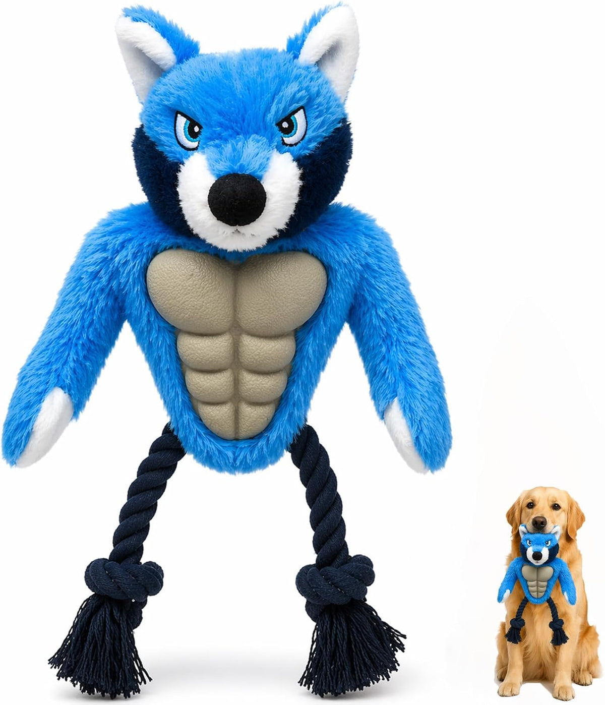 Wolf Dog Toy, Plush Body, Squeaky Rubber Chest & Rope Legs