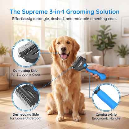 Deshedding Dog Brush，3-in-1 Undercoat Rake for Dogs (Blue)