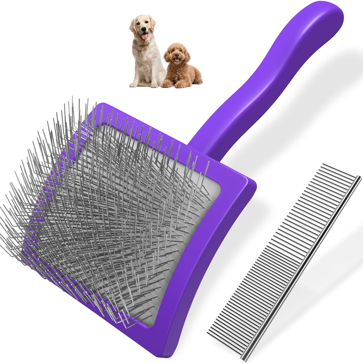 2PCS Slicker Brush for Dogs & Pet Comb,Professional Dog Grooming Brush (Goldendoodles,Poodles,Labradoodles) with Extra Long Pins to Effectively Remove Tangles, Knots and Mats (Blue, Large)