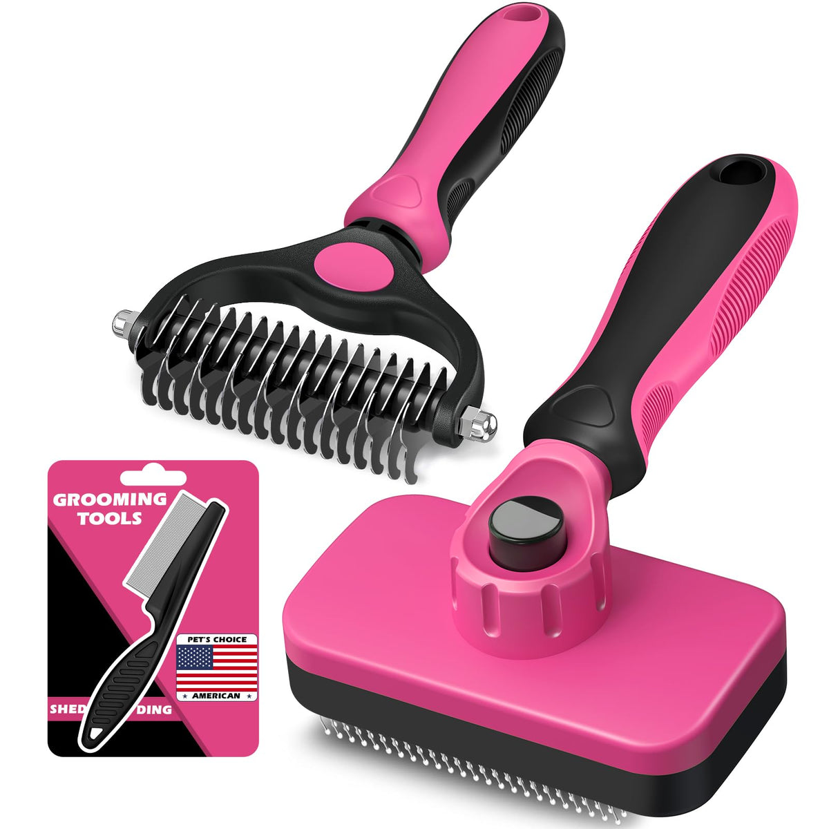 Professional 3PCS Self Cleaning Slicker Brush & Pet Grooming Rake & Flea Comb for Dogs,Cats and Horses | Double-Sided Dematting Comb & Skin Friendly Deshedding Grooming Tool | Pet Supplies (Black)