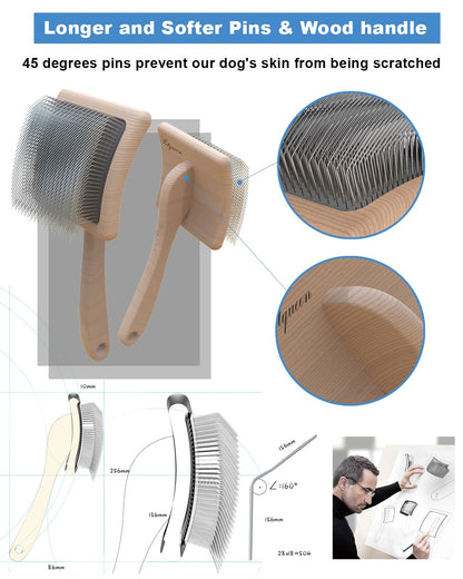 Dog Slicker Brush for Large Dogs, Professional Doodles Brush for Poodles, Goldendoodles and Labradoodles - Easy to Remove Tangles, Mats and Fluff - 3.8"x3.2" Head, 8" Wood Body
