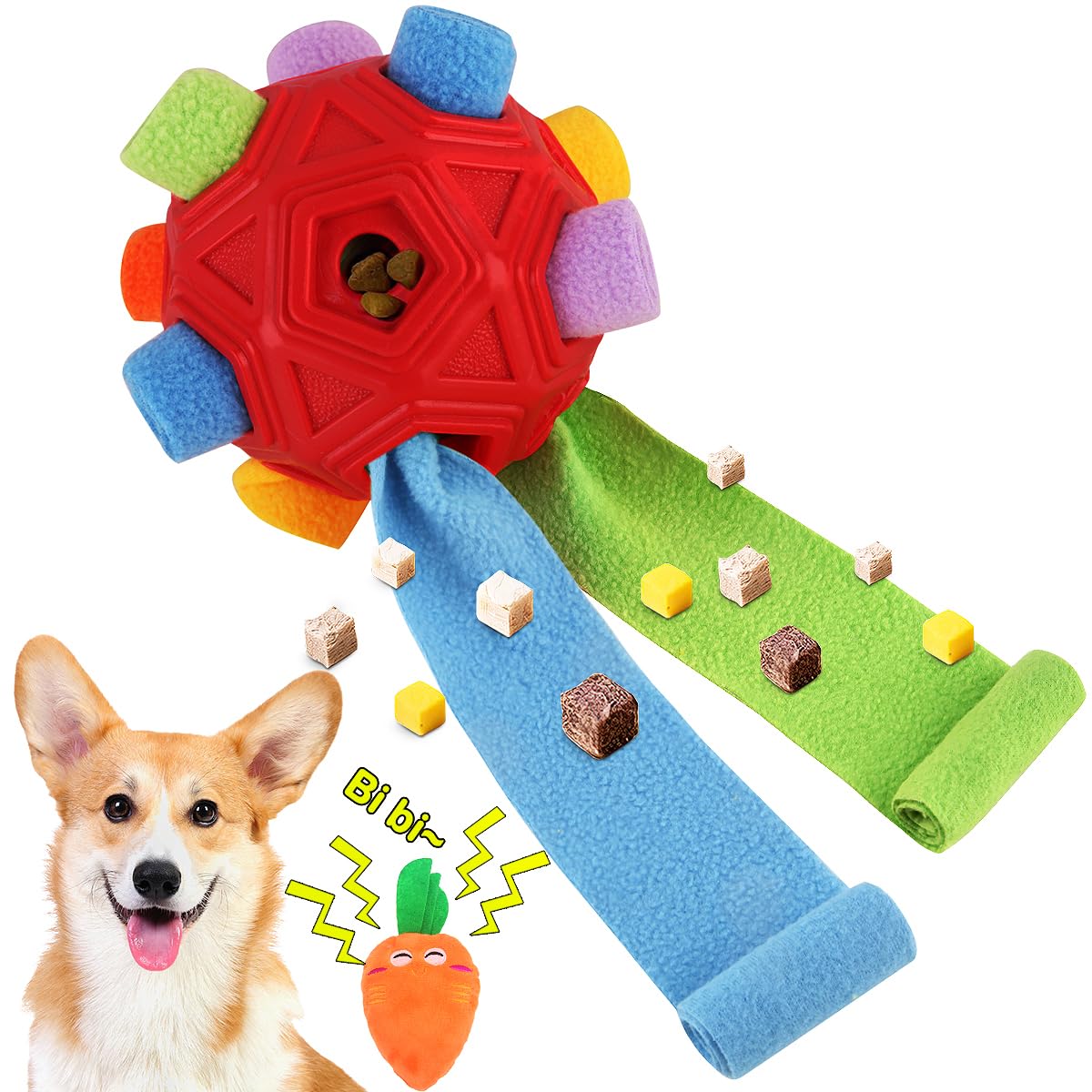 Dog Snuffle Ball-Interactive Puzzle Dog Toys Encourage Natural Foraging Skills Slow Feeder for Training and Stress Relief, Cloth Strip Hiding Food Chew Toys for Any Size Dogs, Machine Washable (Red)
