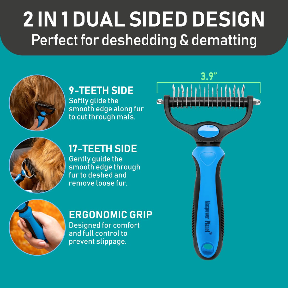 Maxpower Planet Pet Grooming Brush and 2X Grooming Gloves Combo - Double Sided Dematting, Deshedding Undercoat Rake for Dogs and Cats - Reduce Shedding Easily - Blue