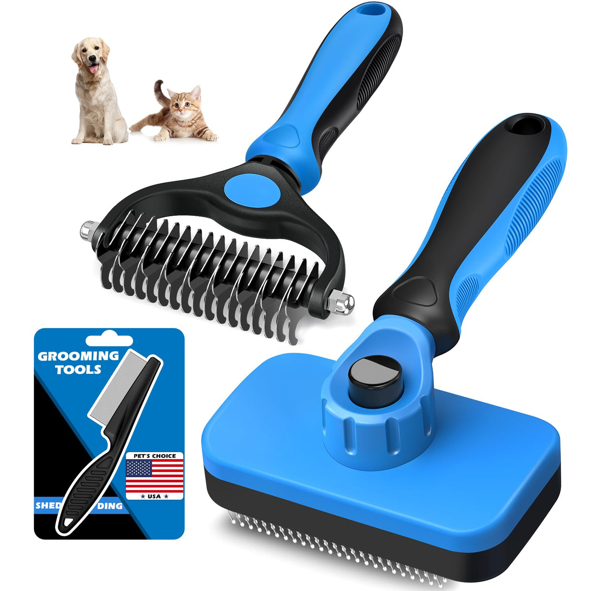 Professional 3PCS Self Cleaning Slicker Brush & Pet Grooming Rake & Flea Comb for Dogs,Cats and Horses | Double-Sided Dematting Comb & Skin Friendly Deshedding Grooming Tool | Pet Supplies (Black)
