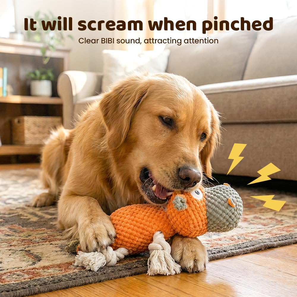 Squeaky Plush Duck Dog Toy for Aggressive Chewers with Built-in Sound (Orange White Cow)