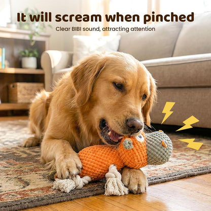 Squeaky Plush Duck Dog Toy for Aggressive Chewers with Built-in Sound (Orange White Cow)