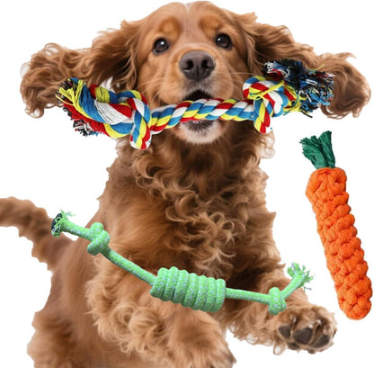 3 Pack Puppy Rope Toys – Cotton & Polyester Dog Chew Toys for Small & Medium Dogs – Teething, Tug, Fetch & Teeth Cleaning – Keeps Playful Dogs Busy