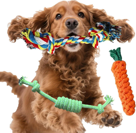 3 Pack Puppy Rope Toys – Cotton & Polyester Dog Chew Toys for Small & Medium Dogs – Teething, Tug, Fetch & Teeth Cleaning – Keeps Playful Dogs Busy