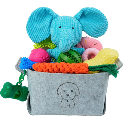 MRSOHRET 20Pcs Puppy Chew Toys for Teething, Dog Chew Toys with Rope Toy, Pet Dog Toothbrush, Treat Balls, Plush Toys and Squeaky Toys for Small Medium Dogs with Basket to Keep Them Busy