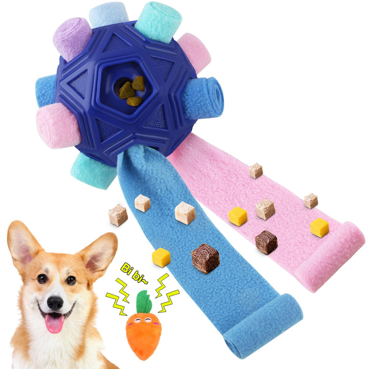 Dog Snuffle Ball-Interactive Puzzle Dog Toys Encourage Natural Foraging Skills Slow Feeder for Training and Stress Relief, Cloth Strip Hiding Food Dog Toys with Squeaky Carrot Toy for Any Size