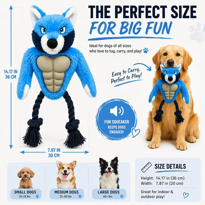 Wolf Dog Toy, Plush Body, Squeaky Rubber Chest & Rope Legs