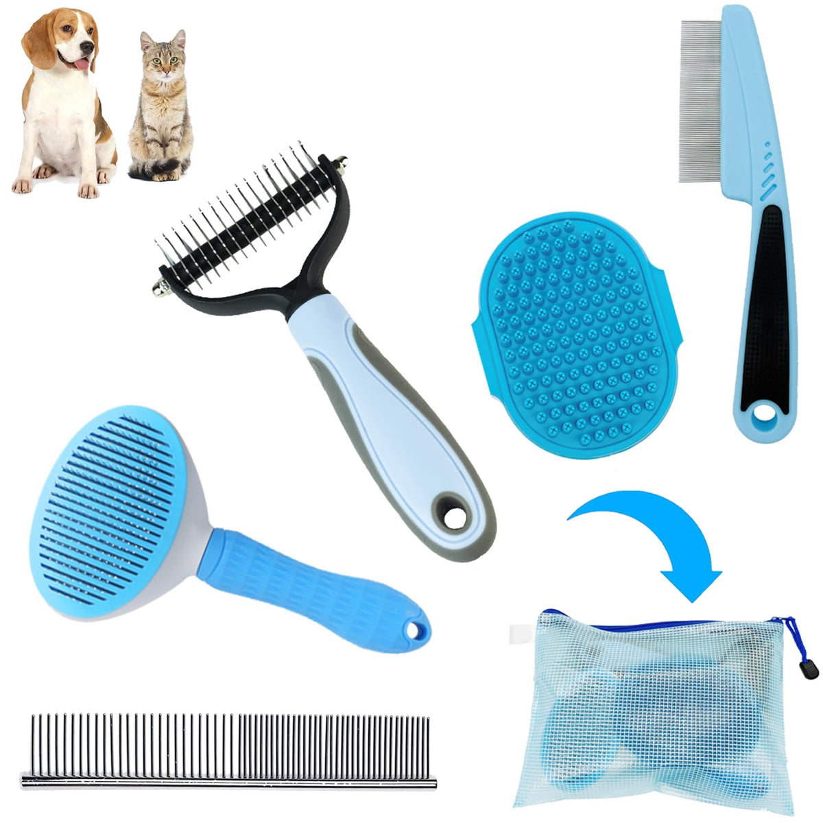 Dog Brush Grooming Kit 5PCS - Dog Brush for Shedding,Puppy Brush and Flea Comb for Dogs, Slicker Brush Comb and Dog Hair Brush Set Blue, Grooming at Home or Travel