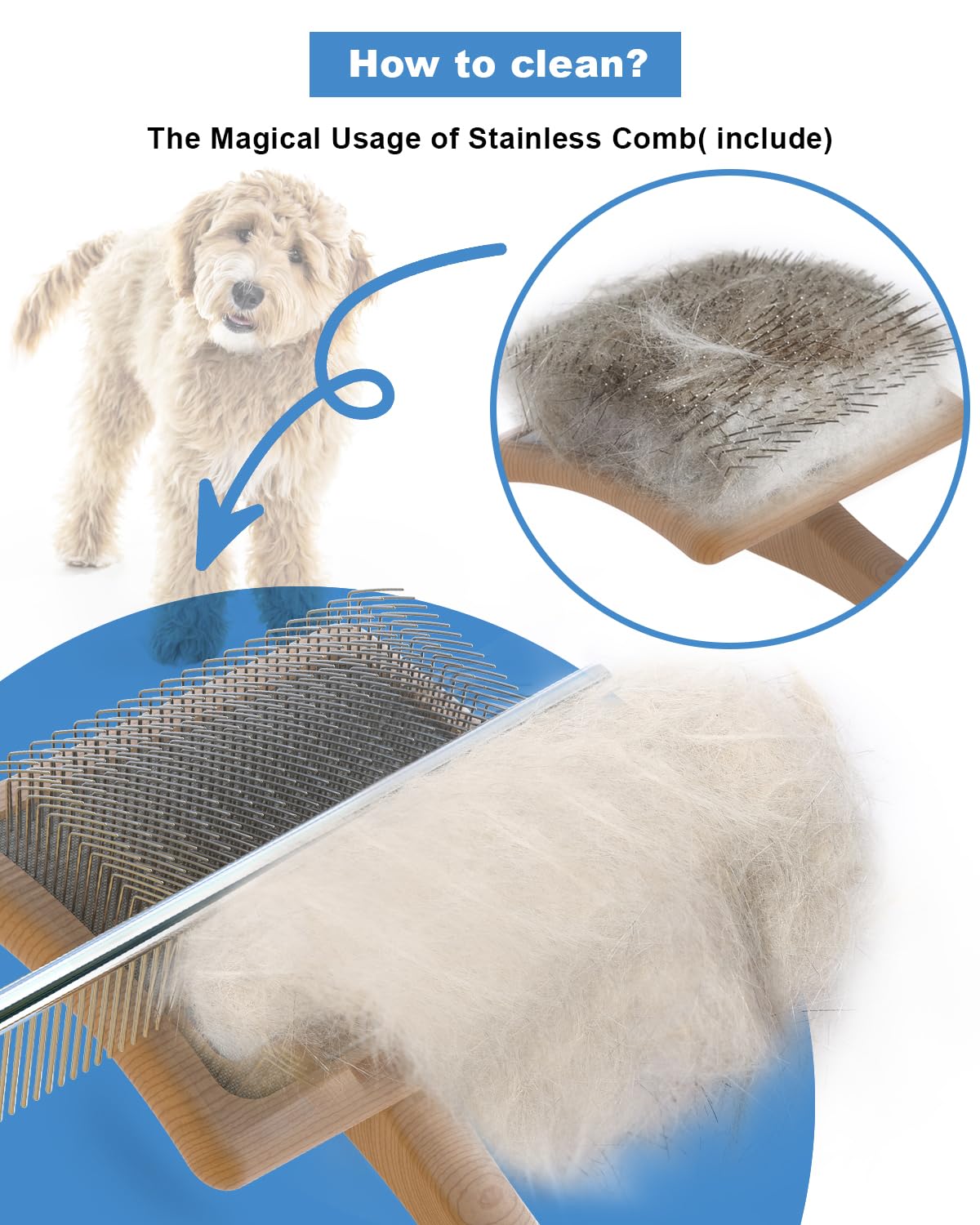 Dog Slicker Brush for Large Dogs, Professional Doodles Brush for Poodles, Goldendoodles and Labradoodles - Easy to Remove Tangles, Mats and Fluff - 3.8"x3.2" Head, 8" Wood Body