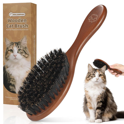 Natural Boar Bristle Cat Brush, Soft Pet Grooming Brush with Wooden Handle for Reduce Shedding, Pet Hair Brush for Dogs & Cats