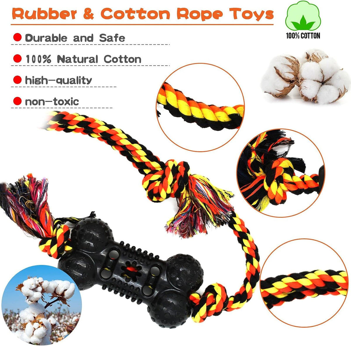 Yipetor Durable Dog Chew Toys 6 Pack, Cotton Rope Rubber Dog Toys