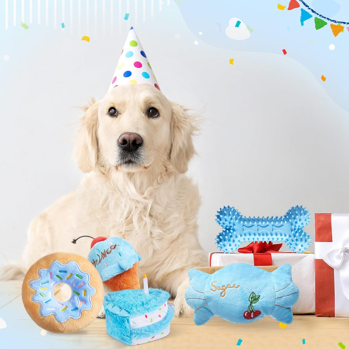 Blosssound 5 Pack Dog Birthday Gift Set Puppy Squeaky Dogs Birthday Gifts Puppy Stuffed Chew Items Cute Cake Candy Donut Ice Cream Bone Shape for Small Medium Large Breed Pet Supplies(Blue)