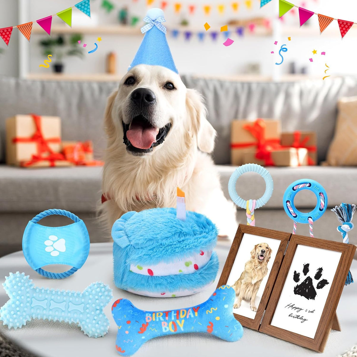 Gemscream 14 Pcs Dog Birthday Toy Gifts Dog Birthday Cake Puppy Interactive Squeak Toys Decorations for Small and Medium Dogs Supplies(Blue)