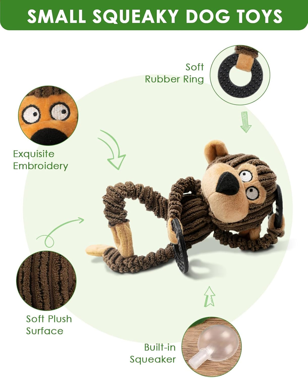 HGB Squeaky Monkey Dog Toy for Puppy & Small Dogs with Teething Rings