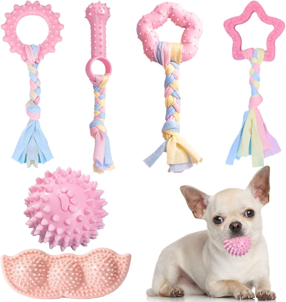 ABRRLO 6 Pack Puppy Teething Toys Cute Pink Puppy Chew Toys for Teething Small Breed Dog Chew Toy Interactive Pet Toy Set for Puppies to Keep Them Busy Soft Durable Small Breed Doggy Chewing Ball