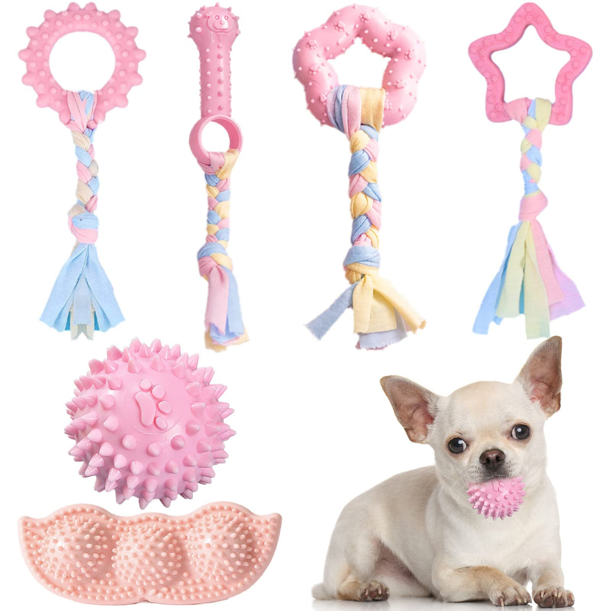 ABRRLO 6 Pack Puppy Teething Toys Cute Pink Puppy Chew Toys for Teething Small Breed Dog Chew Toy Interactive Pet Toy Set for Puppies to Keep Them Busy Soft Durable Small Breed Doggy Chewing Ball