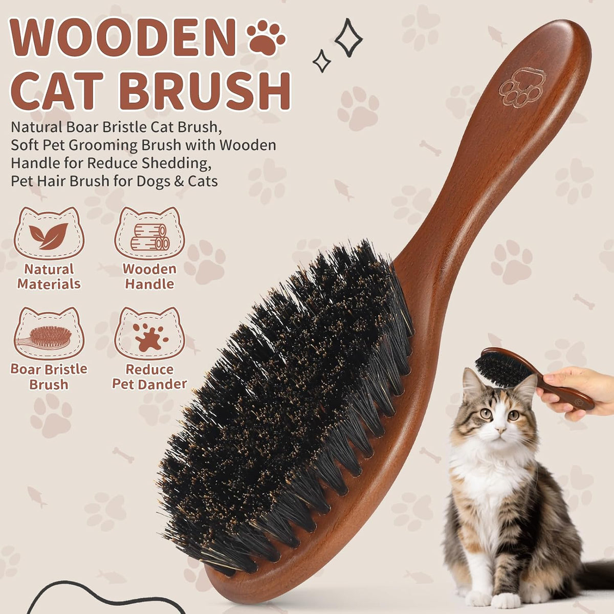 Natural Boar Bristle Cat Brush, Soft Pet Grooming Brush with Wooden Handle for Reduce Shedding, Pet Hair Brush for Dogs & Cats