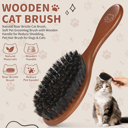 Natural Boar Bristle Cat Brush, Soft Pet Grooming Brush with Wooden Handle for Reduce Shedding, Pet Hair Brush for Dogs & Cats
