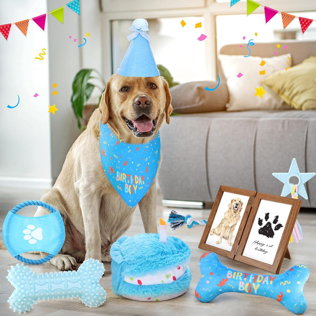 Gemscream 14 Pcs Dog Birthday Toy Gifts Dog Birthday Cake Puppy Interactive Squeak Toys Decorations for Small and Medium Dogs Supplies(Blue)