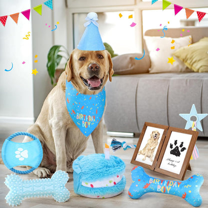 Gemscream 14 Pcs Dog Birthday Toy Gifts Dog Birthday Cake Puppy Interactive Squeak Toys Decorations for Small and Medium Dogs Supplies(Blue)