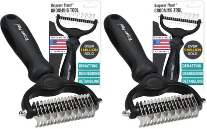 Maxpower Planet Pet Grooming Brush and 2X Grooming Gloves Combo - Double Sided Dematting, Deshedding Undercoat Rake for Dogs and Cats - Reduce Shedding Easily - Blue