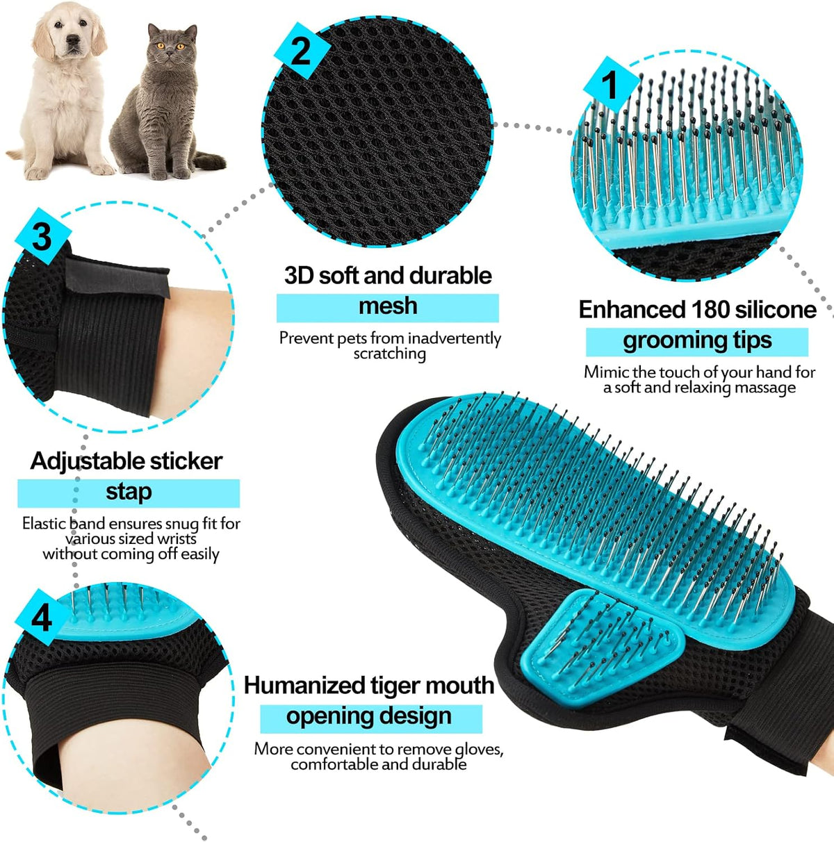 2025 Pet Grooming Glove with Tipped Pin Brush,Special Design Deshedding Glove, Perfect Petting Tool for Sensitive Dogs & Cats with Long & Medium Fur, Massage Mitt - Right-Hand - Blue