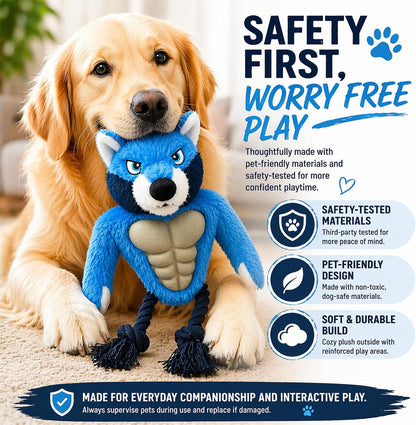 Wolf Dog Toy, Plush Body, Squeaky Rubber Chest & Rope Legs