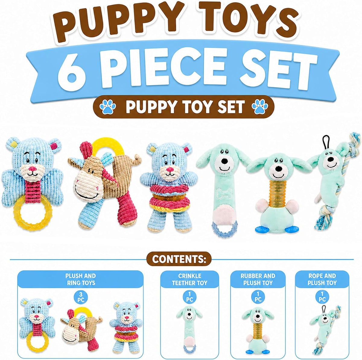 Pet Life Puppy 6-Piece Dog Toy Set - Teething, Crinkle, Blue