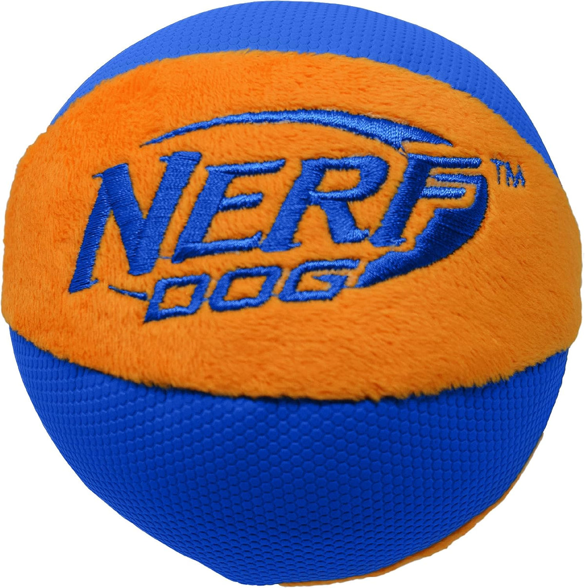 Nerf Dog Trackshot Ball Dog Toy with Interactive Squeaker and Crunch, Lightweight, Durable and Water Resistant, 4.5 Inches, For Medium/Large Breeds, Single Unit, Blue/Orange