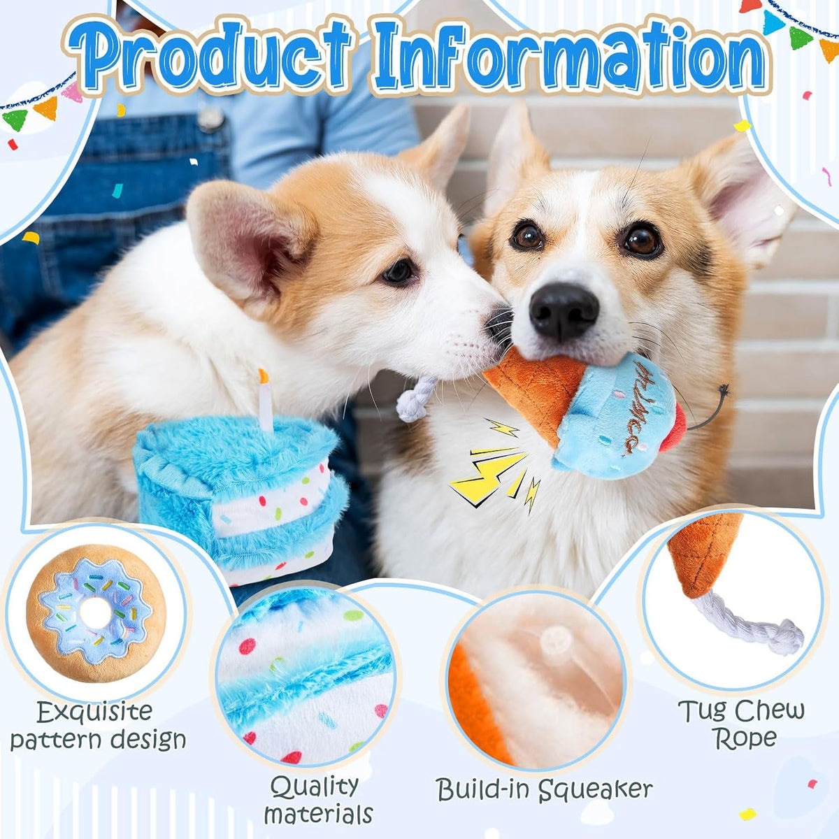 Blosssound 5 Pack Dog Birthday Gift Set Puppy Squeaky Dogs Birthday Gifts Puppy Stuffed Chew Items Cute Cake Candy Donut Ice Cream Bone Shape for Small Medium Large Breed Pet Supplies(Blue)