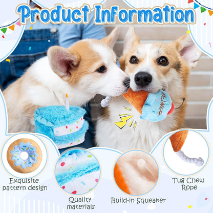 Blosssound 5 Pack Dog Birthday Gift Set Puppy Squeaky Dogs Birthday Gifts Puppy Stuffed Chew Items Cute Cake Candy Donut Ice Cream Bone Shape for Small Medium Large Breed Pet Supplies(Blue)
