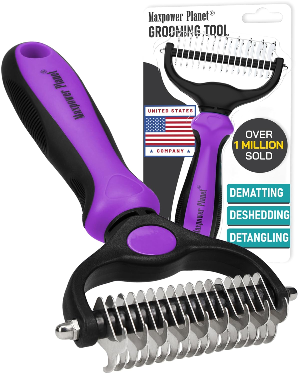 Maxpower Planet Pet Grooming Brush - Double Sided, Extra Wide for Dogs and Cats - Dematting Undercoat Rake, Reduces Shedding by 95%, Purple