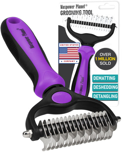 Maxpower Planet Pet Grooming Brush and 2X Grooming Gloves Combo - Double Sided Dematting, Deshedding Undercoat Rake for Dogs and Cats - Reduce Shedding Easily - Blue