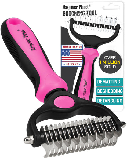 Maxpower Planet Pet Grooming Brush and 2X Grooming Gloves Combo - Double Sided Dematting, Deshedding Undercoat Rake for Dogs and Cats - Reduce Shedding Easily - Blue