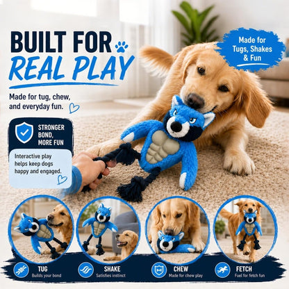 Wolf Dog Toy, Plush Body, Squeaky Rubber Chest & Rope Legs