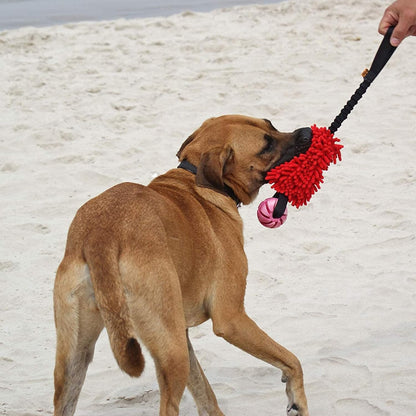 Dingo Dog tug Toy and TPR Rubber Ball Bungee Handle, Microfiber, red 20 in