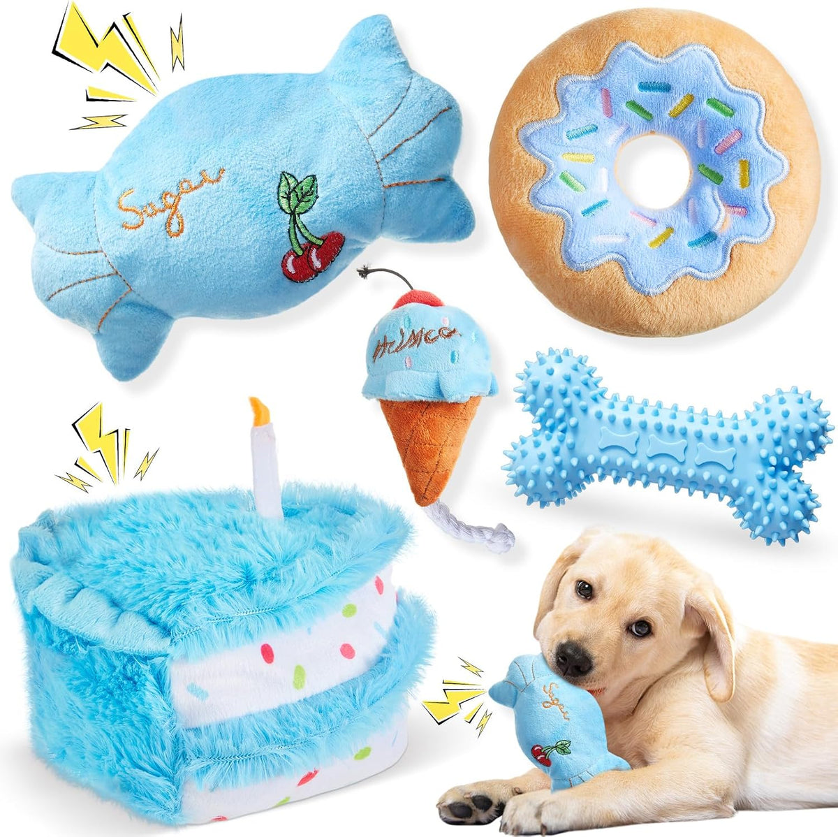 Blosssound 5 Pack Dog Birthday Gift Set Puppy Squeaky Dogs Birthday Gifts Puppy Stuffed Chew Items Cute Cake Candy Donut Ice Cream Bone Shape for Small Medium Large Breed Pet Supplies(Blue)