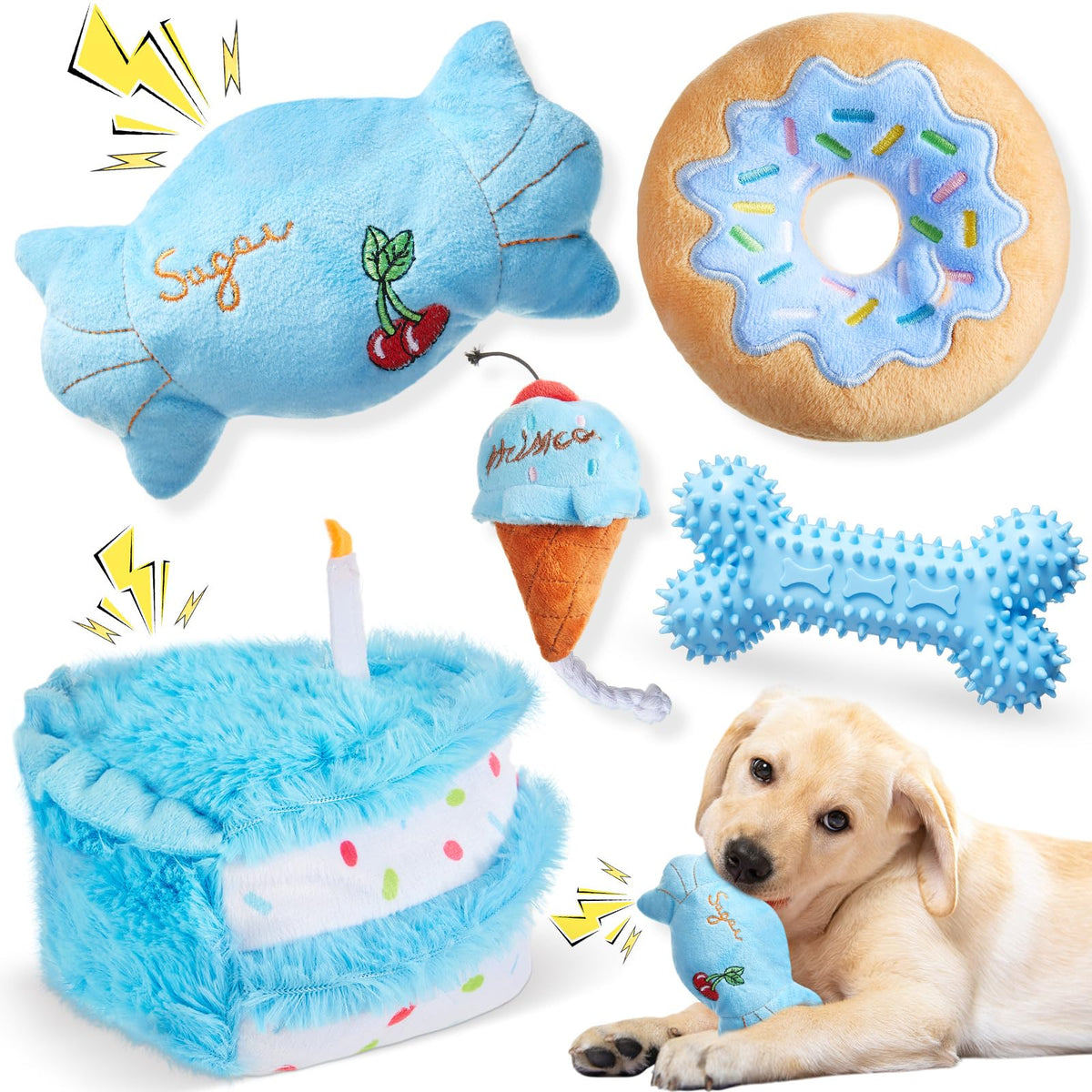 Blosssound 5 Pack Dog Birthday Gift Set Puppy Squeaky Dogs Birthday Gifts Puppy Stuffed Chew Items Cute Cake Candy Donut Ice Cream Bone Shape for Small Medium Large Breed Pet Supplies(Blue)