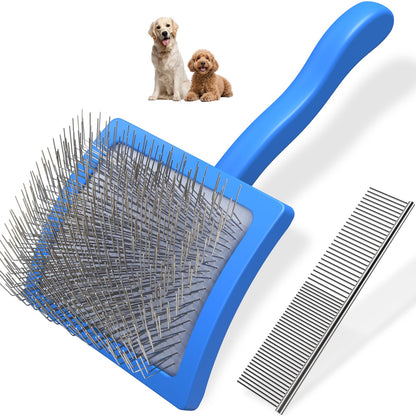 2PCS Slicker Brush for Dogs & Pet Comb,Professional Dog Grooming Brush (Goldendoodles,Poodles,Labradoodles) with Extra Long Pins to Effectively Remove Tangles, Knots and Mats (Blue, Large)