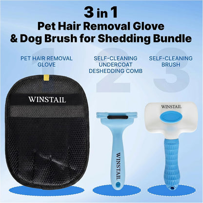 Pet Hair Removal Glove & Dog Brush for Shedding Bundle – Dog Hair Remover, Cat Hair Remover, Self-Cleaning Dog Grooming Brush & Dematting Comb for Dogs, Cats & Rabbits (Blue)