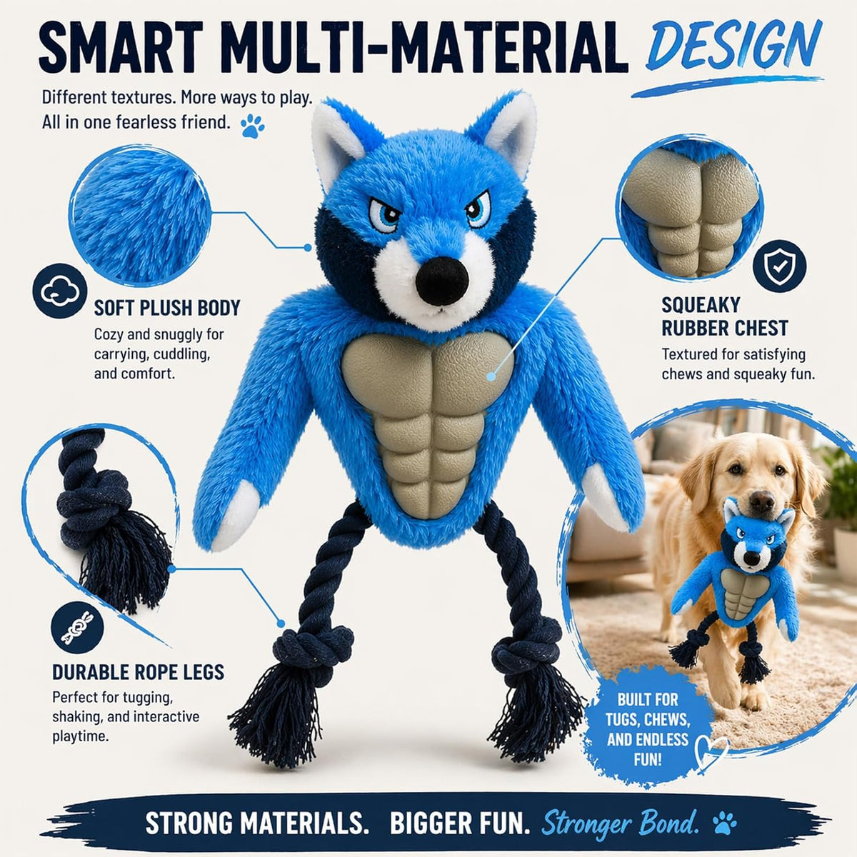 Wolf Dog Toy, Plush Body, Squeaky Rubber Chest & Rope Legs